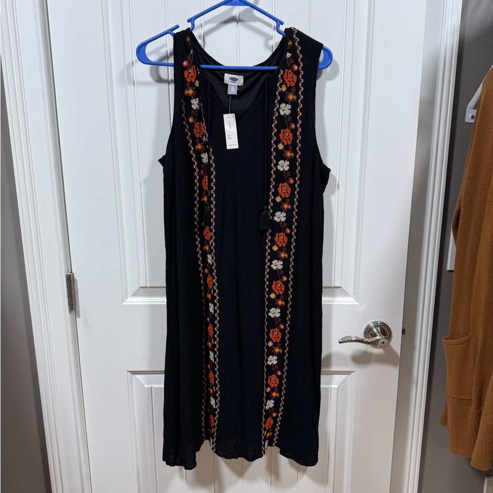 Old Navy Black Midi Dress with Orange and White Floral Accents